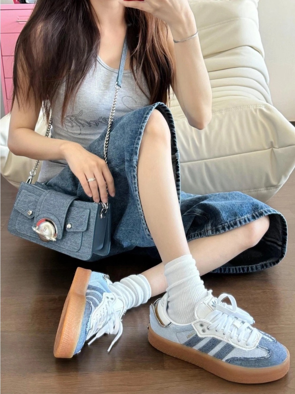 atmos x adidas Women’s Sambae Denim Platform Sneaker - Light Blue & Gum Sz 7.5 - Picture 12 of 16